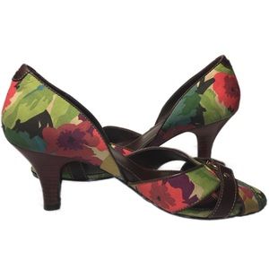 EUC Liz Claiborne floral fabric and brown leather